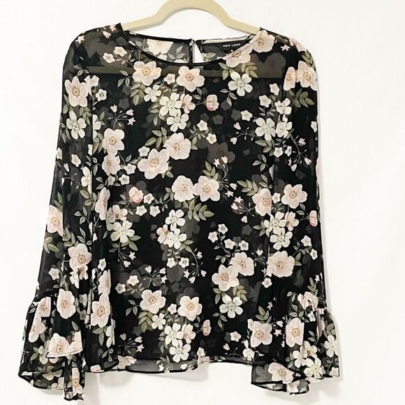 New Look Sheer Floral Bell Sleeve Blouse Size 10 - Picture 2 of 7